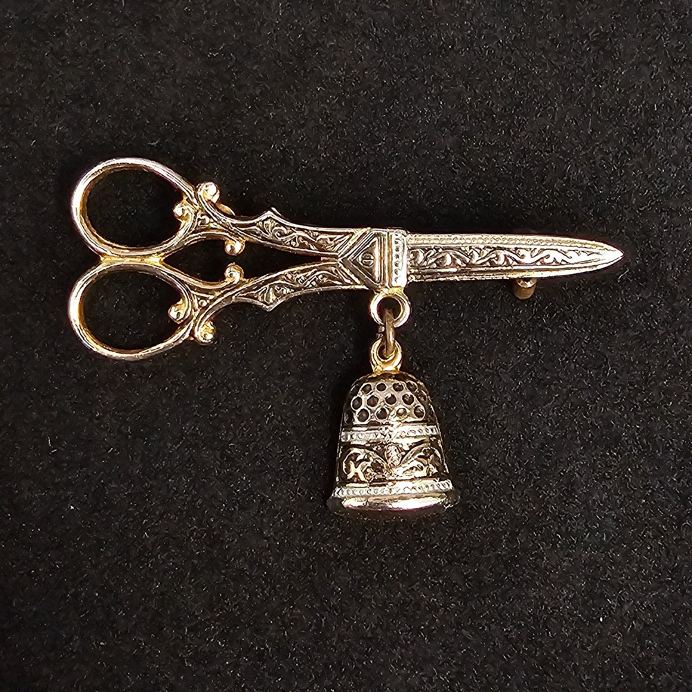 Vintage Scissors Thimble Brooch Gold Tone Black Spain Sewing Novelty 2" Pin